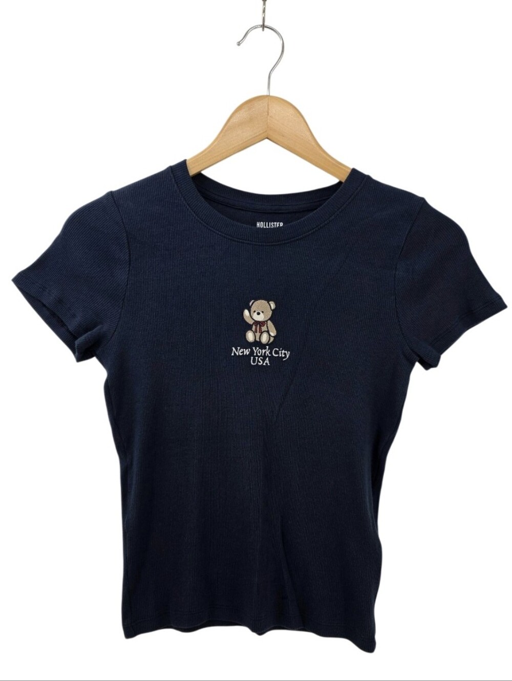Hollister New York City Teddy Bear Ribbed Navy Blue T-shirt Women's Size Small